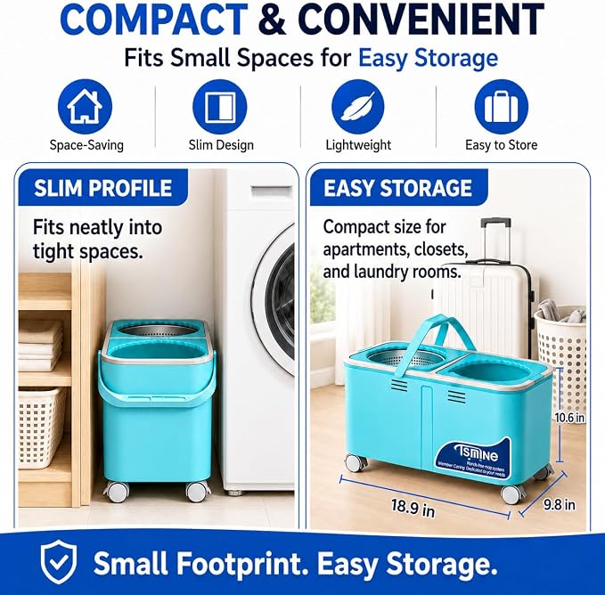 RinseWise Easy-Use Gen 2 Spin Mop and Bucket for Pet & Family Homes, Shower-Style Rinse, Clean & Dirty Water Separation, 1.5 Gal Clean Water Capacity, 4 Swivel Wheels, 61" Handle, 6 Mop Heads - Blue