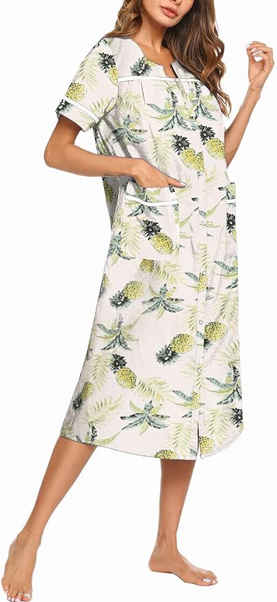 Ekouaer Womens Snap Front Dusters Cotton Housecoat Short Sleeve Nightgown House Dress With Pockets