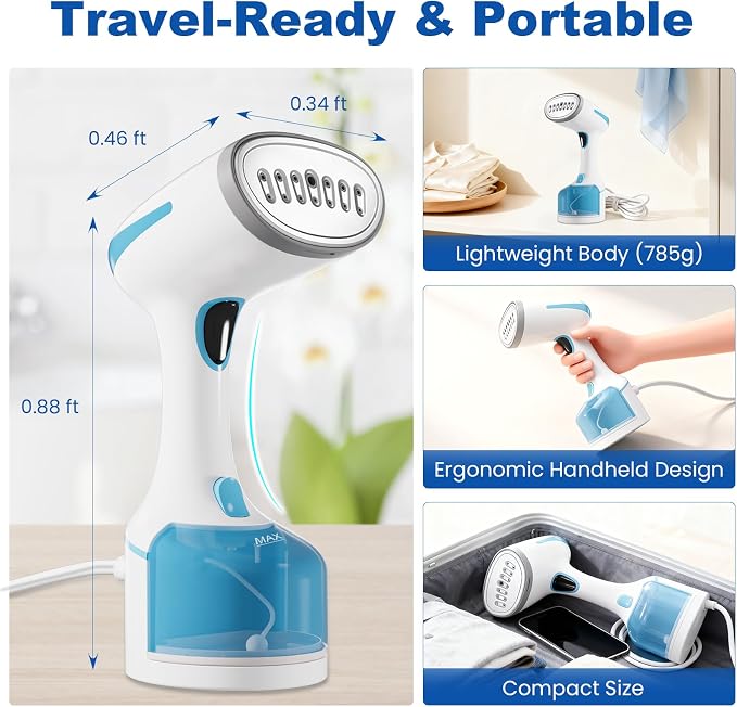 DBC Travel Steamer for Clothes 1500W, 250ml Water Tank,20S Fast Heat-up Portable Handheld Steamer for Clothes, 2 in 1 Fabric Wrinkle Remover with Fabric Brush,Ideal for Home, Office, Travel