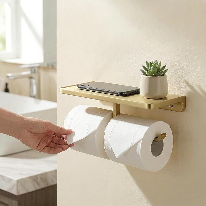 Dual Roll Toilet Paper Holder with Phone Shelf, Solid Metal Bathroom Accessory Tissue Dispenser Storage Wall Mounted, Spot Resist, Brushed Gold