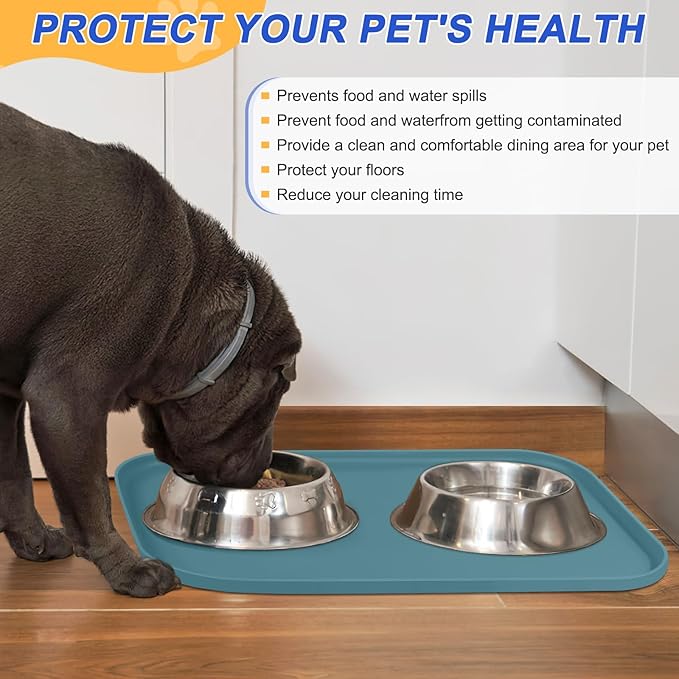 SMILOOL Waterproof Silicone Pet Food Mat with Raised Edge for Dog & Cat | 24" x 16" Non-Slip Pet Feeding Mats with Lip for Food & Water Bowl, Food Grade, Easy Cleaning, Salte Blue