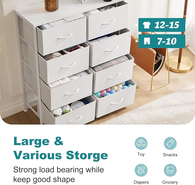 OLIXIS Dresser for Bedroom, 8 Storage Drawers, Tall Large Fabric Storage Tower Organizer, Chest of Drawers with Metal Frame Wooden Top for Nursery, Closet, Living Room, Entryway, White