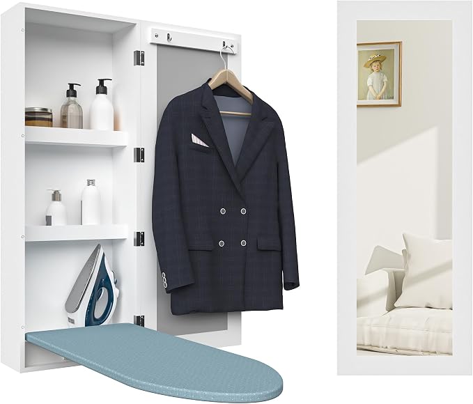 Ironing Board Cabinet with Storage for Laundry Room,White | Mirror Door|3-tier Storage Shelves|High-Temperature Protection Design|Good Load-Bearing Capacity