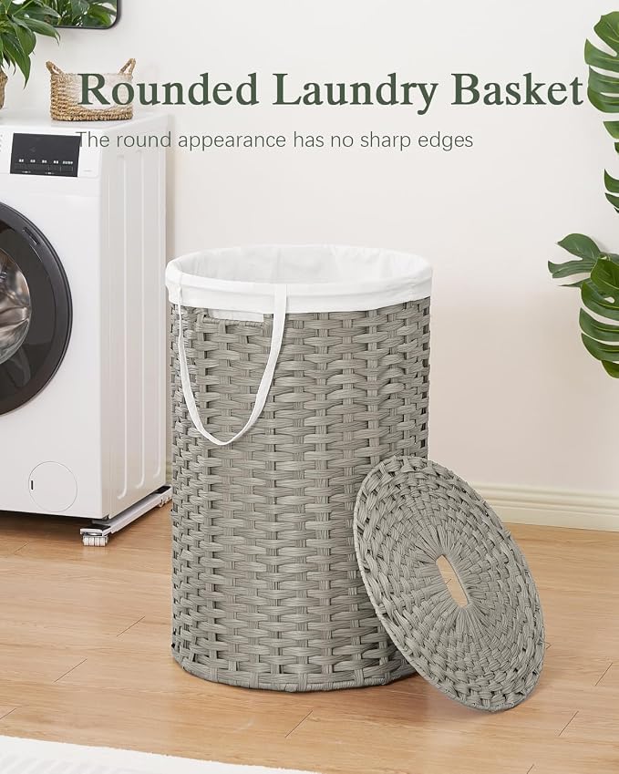SETVSON Large Laundry Hamper Laundry Basket with Lid, Round PE Rattan, Gray | 130L Large Woven Basket with Lid, Removable Washable Liner Bag, 2 Mesh Laundry Bags, Foldable Long Side Handles