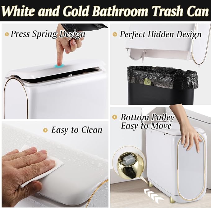 XLHOMO Bathroom Accessories Set, 9 Pieces White Bathroom Set, Bathroom Accessory Set with Slim Trash Can,Soap Dispenser,Toilet Brush,Toothbrush Set, Qtip Holders for Housewarming