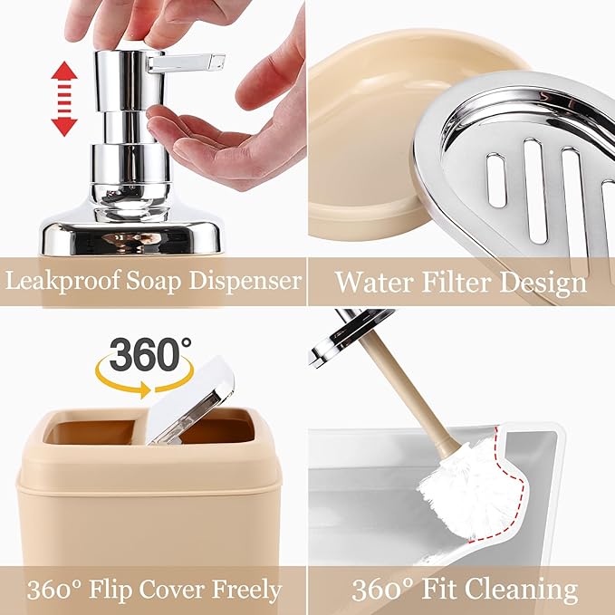 XLHOMO Beige Bathroom Set, Plastic 9-Piece Bathroom Set with Trash Can, Soap Dispenser, Toothbrush Holder, Toothbrush Cup, Soap Dish, Toilet Brush, Tray and Q-tip Holders for Bathroom/Housewarming
