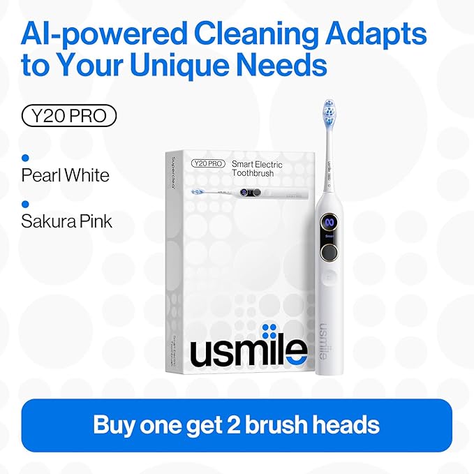 usmile Y20PRO Electric Toothbrush, AI-Powered Smart Toothbrush with AM/PM Auto Mode, 4 Brushing Modes, 90-Day Battery, App Control, Real-Time 3D Map, 2 Brush Heads Included