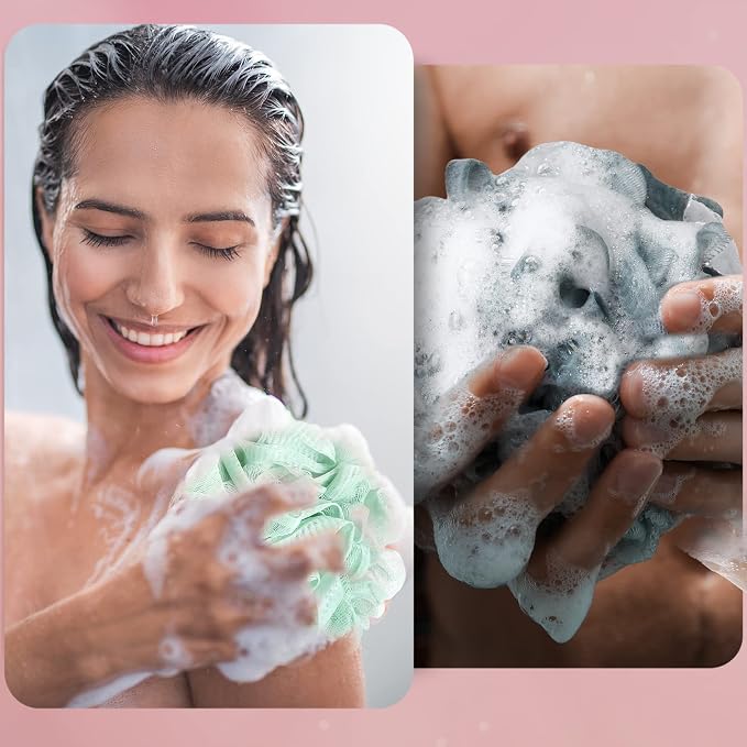 Shellwei 48 Pack Bath Sponge Shower Loofahs Bulk Pack 50g Soft Net Body Scrubber Shower Pouf Sponge Ball Body Exfoliating Bath Scrunchies for Men and Women