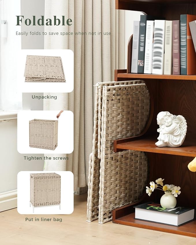 SETVSON Laundry Hamper with Lid, Wicker Laundry Basket, 112 L, Light Khaki | Handwoven PE Rattan, 2 Removable Liner Bags, Metal Heightened Feet, 6 Mesh Bags, Clothes Hamper for Bathroom Bedroom