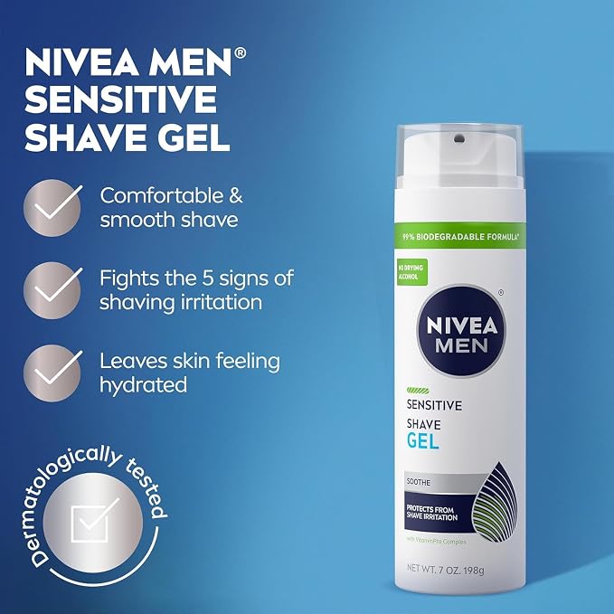 NIVEA FOR MEN Sensitive, Shaving Gel 7 Ounce (Pack of 10)