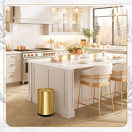 Maxdot 2 Pcs 4.7 Gallon/18 L Gold Bathroom Trash Can with Flipping Lid and Toilet Brush Set, Large Stainless Steel Garbage Trash Can Toilet Cleaner Brush Wastebasket Bin for Bathroom Bedroom Office