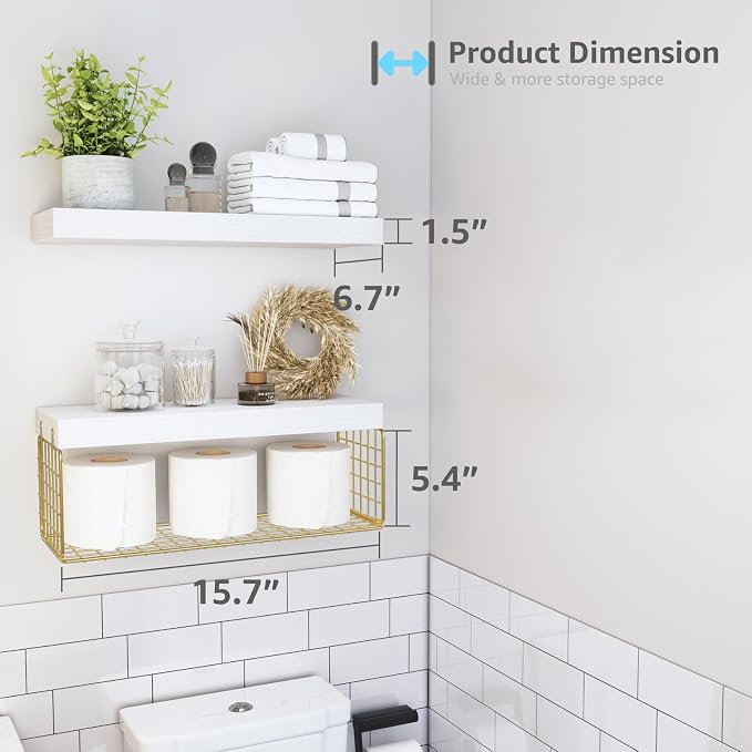 QEEIG Bathroom Shelves Over Toilet - Wall Mounted Floating Shelves Toilet Paper Storage Small Modern Decor Shelf 16 inch Set of 2, White and Gold (019-WG2)