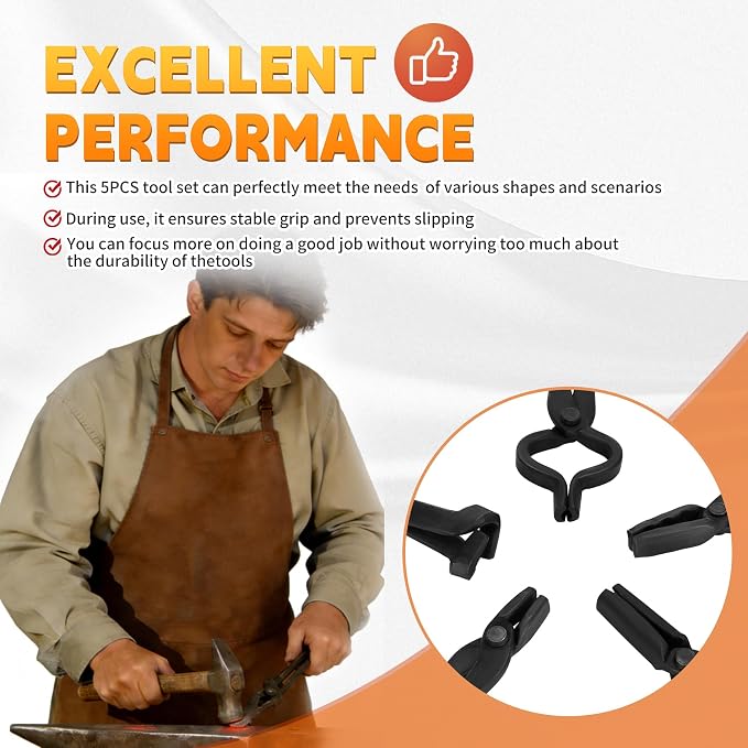 Blacksmith Tongs Set 5PC: Wolf Jaw Tongs, V-Bit Bolt, Flat, Blade, Square Jaw; Blacksmith Tools Set for Knife Making Forge Tongs, High-Strength Forged Steel for Blacksmith & Bladesmiths