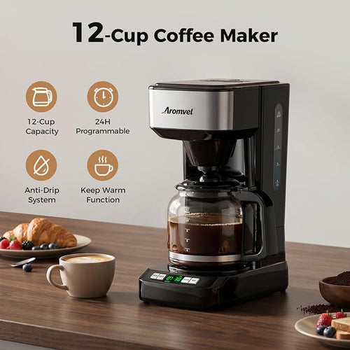 12 Cup Programmable Coffee Maker, Drip Coffee Machine with Glass Carafe & Reusable Filter, Measuring Spoon, 24-Hour Delay Brew, 4-Hour Auto Keep Warm, Large 1.8L Water Tank, Silver