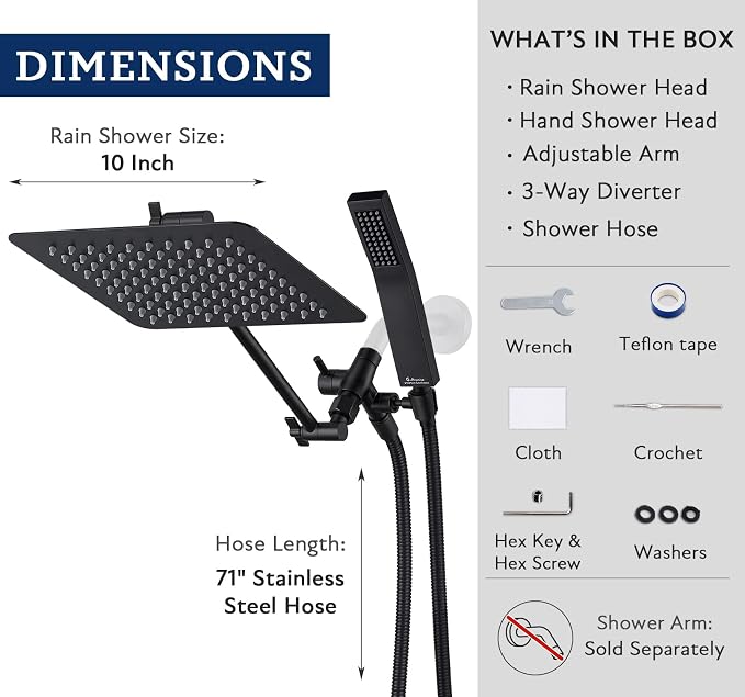 G-Promise All Metal 10" Dual Square Shower Head Combo | Rain Shower Head | Handheld Shower Wand | Adjustable | 3-Way Diverter | 71" Extra Long Hose - A Bathroom Upgrade (Matte Black)