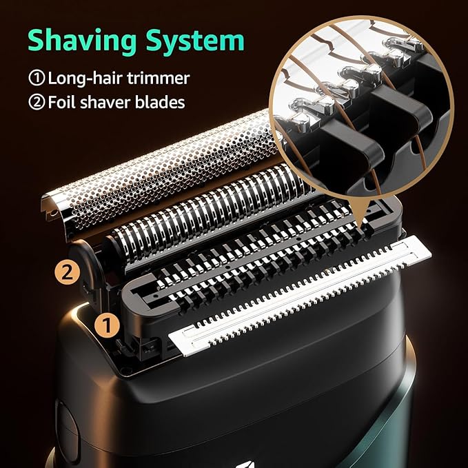 Mbzoey Electric Foil Shavers for Men: IPX7 Waterproof - Emerald Green | Mini Razor for Travel- Face Shaver with LED Display & USB-C Fast Charge - Micro-Comb Technology & Precision Blades
