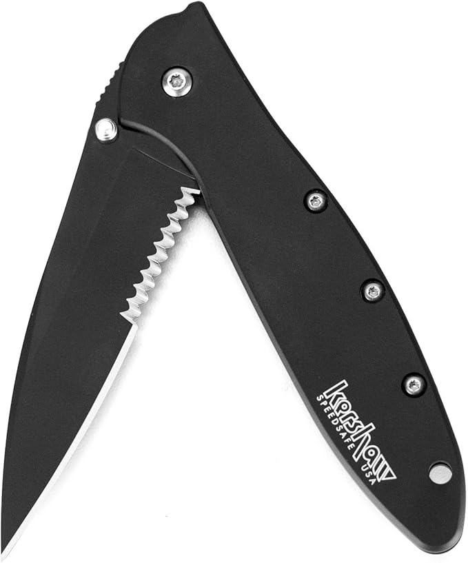 Kershaw Leek, BlackWash Pocket Knife (1660BLKW); 3 Sandvik 14C28N Steel Blade, 410 Stainless Steel Handle, BlackWash Finish, SpeedSafe Assisted Open, Frame and Tip Locks, Reversible Pocketclip; 3 OZ