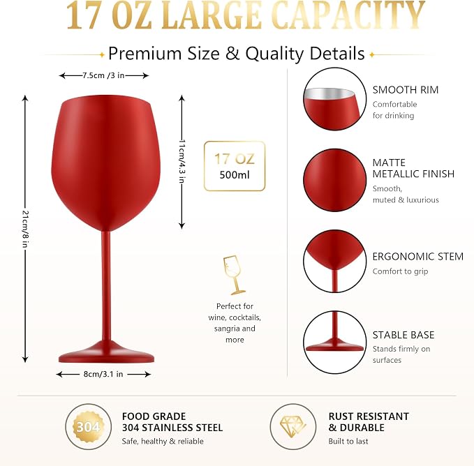 UNISWEET Unbreakable Stainless Steel Wine Glasses Set of 2, Matte Red | 17oz Unique Fancy Metal Wine Goblets, Shatterproof, Ideal for Outdoor, Camping, Travel, Pool, Great Gift for Wine Lovers