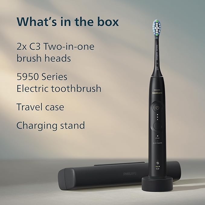 Philips Sonicare 5950 Series Electric Toothbrush, with Pressure Sensor, 6 Brushing Settings, SmarTimer, BrushPacer, 21-Day Runtime, Travel Case, Black, HX7131/03