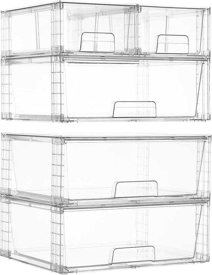 Vtopmart 5 Pack Stackable Storage Drawers, Easily Assemble Clear Plastic Organizer Bins, 3 Wide Drawers and 2 Small Drawers for Pantry, Kitchen Cabinet, Bathroom, Closet Organization and Storage