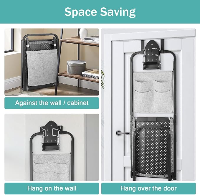 Seiritex Over the Door Ironing Board 14x42 inches with Iron Holder and Pocket Storage Bag, Hanging Iron Board for Home Laundry Room, Black