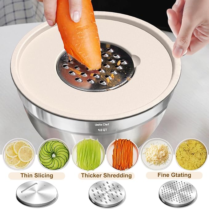 Umite Chef Mixing Bowls with Airtight Lids Set, 8PCS Stainless Steel Nesting Bowls with Grater Attachments, Non-Slip Bottoms, 5, 4, 3.5, 2, 1.5QT for Mixing & Serving