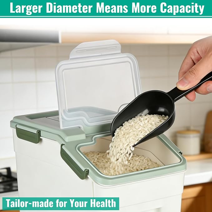 2 Pack Rice Container 25 lbs Large Bulk Flour Sugar Storage Holdhouse Plastic Grain Cereal Dry Goods Bin with Spoon and Measuring Cup for Kitchen Pantry Organization - Green
