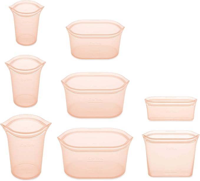 Zip Top Reusable Food Storage Containers Full Set of 8 Peach – Platinum Silicone Cups, Dishes & Bags – Microwave, Dishwasher & Freezer Safe – Made in USA, BPA-Free