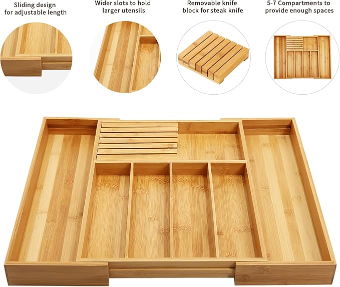VaeFae Bamboo Silverware Drawer Organizer Kitchen, Expandable Utensil Organizer with Knife Block, Cutlery Tray with Divider, Multifunctional Drawer Organizer