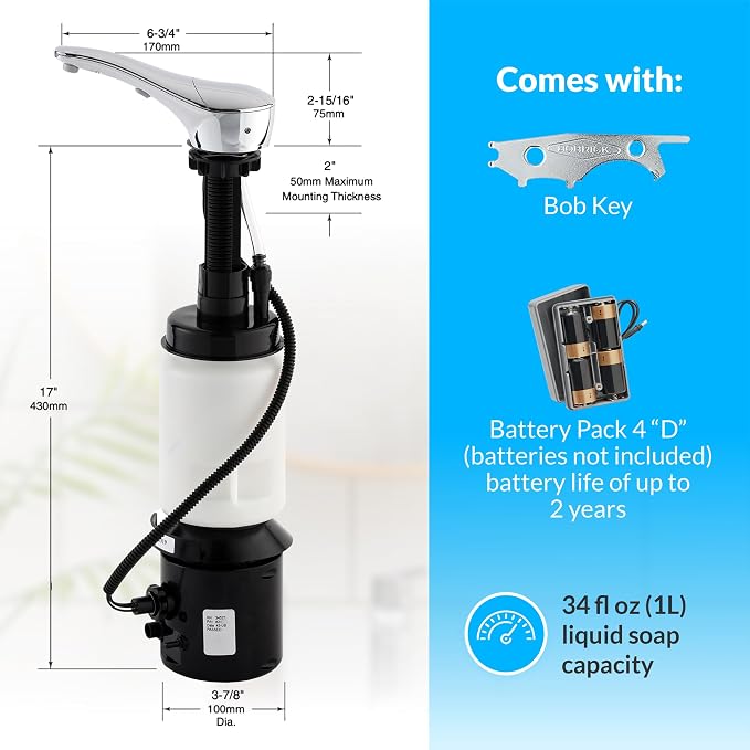 Bobrick B-8281 Automatic Foam Soap Dispenser, Top-FillTouch-Free Soap Spout 34-fl oz. (1.0-L) Foam Soap Capacity, For Public Restroom Countertops, Retrofit 1” Mounting Diameter, Chrome Finish