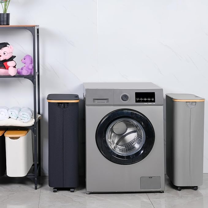 iEGrow 75L Slim Laundry Hamper with Wheels,Clothes Hamper for Laundry,Laundry Basket with Lid & Inner Bag,for Laundry Room, Bedroom, Dormitory Organization,Black