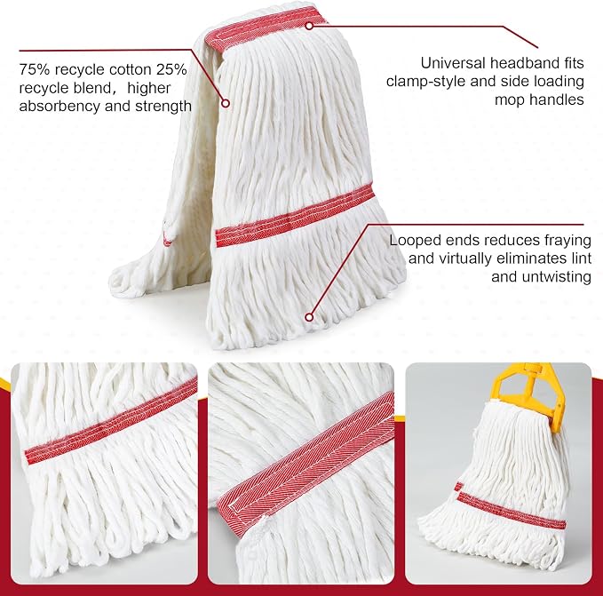 Eccliy 6 Pack Commercial Mop Heads Replacement Heavy Duty 18 oz Loop End Cotton String Wet Mop Refills Washable Absorbent Reusable for Industrial Home Tile Wood Concrete Floor (White,Red)