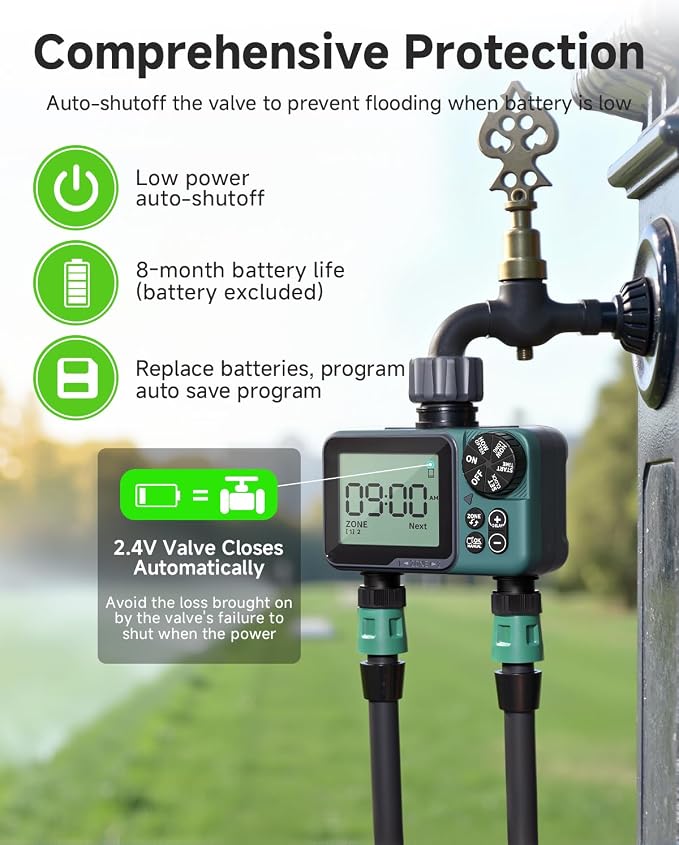 Sprinkler Timer 2 Zone & Digital Water Timer for Garden Hose, Yard, Lawn, Pool – Programmable Irrigation Controller with Rain Delay, IP55 Waterproof Auto & Manual Irrigation System