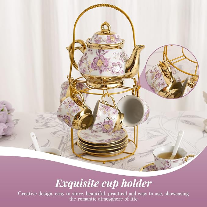 20 Pcs Porcelain Tea Set with Metal Holder European Flower Tea Sets for Adults, Ceramic Tea Party Set European Flower Painting Teapot Cup Saucer Spoon Set for Women, Large Version (Elegant Purple)