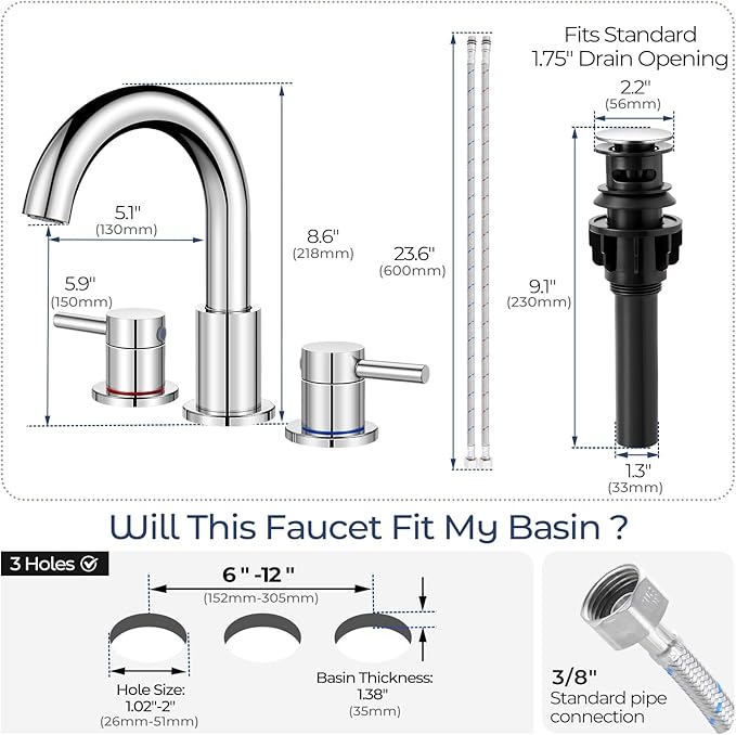 Bathroom Faucet 3 Hole, Chrome Bathroom Sink Faucet with Pop Up Drain, 8 inch Widespread Bathroom Faucet with 360° Swivel Spout, 2 Handle Vanity Faucet with Water Supply Hoses