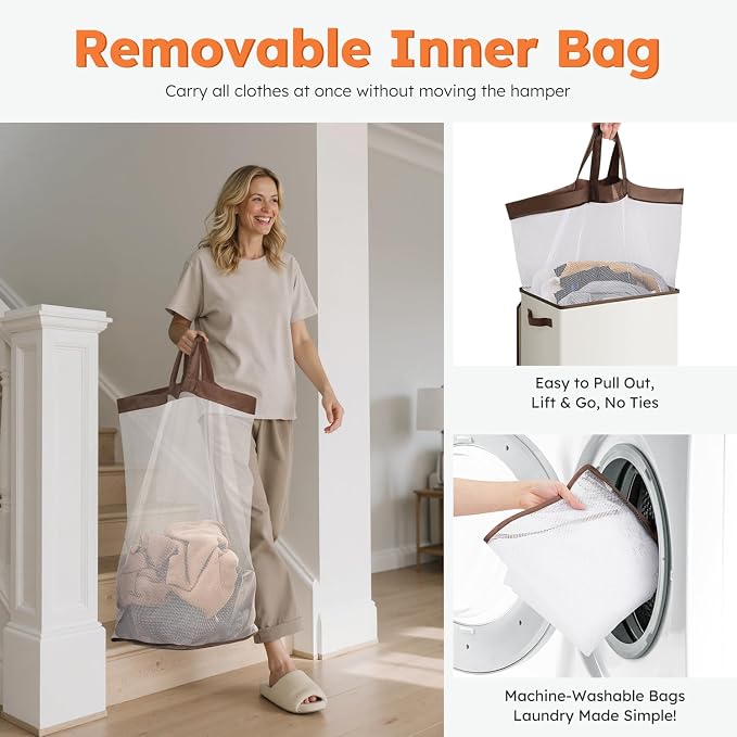SOLEDI Clothes Hamper with Lid - 100L XL - Large Laundry Basket with Removable Bag, Collapsible Laundry Baskets, Convenient Storage - Hampers for Laundry for Bedroom, Bathroom, Closet, Dorm, Off-White