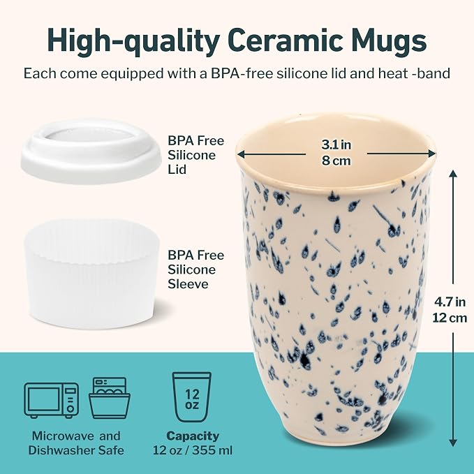 NOVA CERAMICS Travel Mug - Travel Size Mug – Reusable Coffee Mug Unique to Go Mug – Microwave & Dishwasher Safe Coffee White & Blue Tumbler - Gifts for Women Men Him Her – 12oz – Orchid
