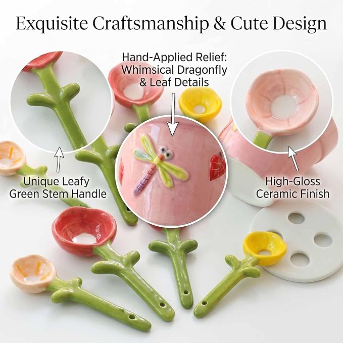 5pcs Ceramic Flower Pot Measuring Spoons and Cup Set, Cute Measuring Cups and Spoons Set for Milk Powder Sugar Salt Wet Dry Ingredients(Pink1set)