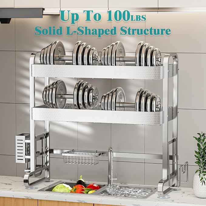 HOWDIA 3-Tier Over The Sink Dish Drying Rack, 304 Stainless Steel | Honeycomb Design, Cutlery Holder & Chopping Board Rack, 33.86” x 11.81” x 33.07” for Maximum Kitchen Storage