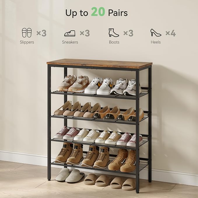 Nunsino Shoe Rack for Closet,5 Tier Shoe Organizer for Entryway,Shoe Shelf with Storage Shelves and Spacious Top,Max Holds 20 of Shoes,Rustic Brown