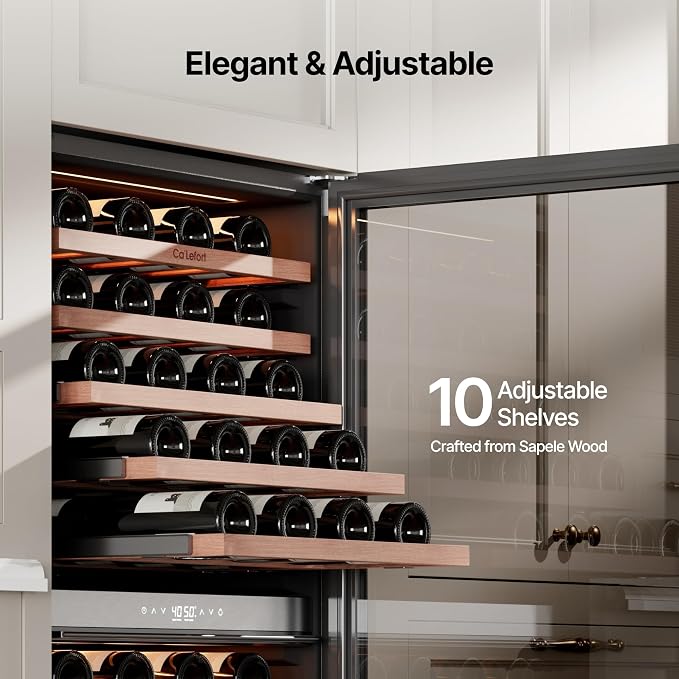 Ca'Lefort 90 Bottle Wine Fridge - 24 Inch Dual Zone Wine Cooler 40-65°F with Bottom Drawer, 10 Adjustable Shelves & 3 LED Lights, Energy Star Certified Built-in or Freestanding for Home/Bar/Kitchen