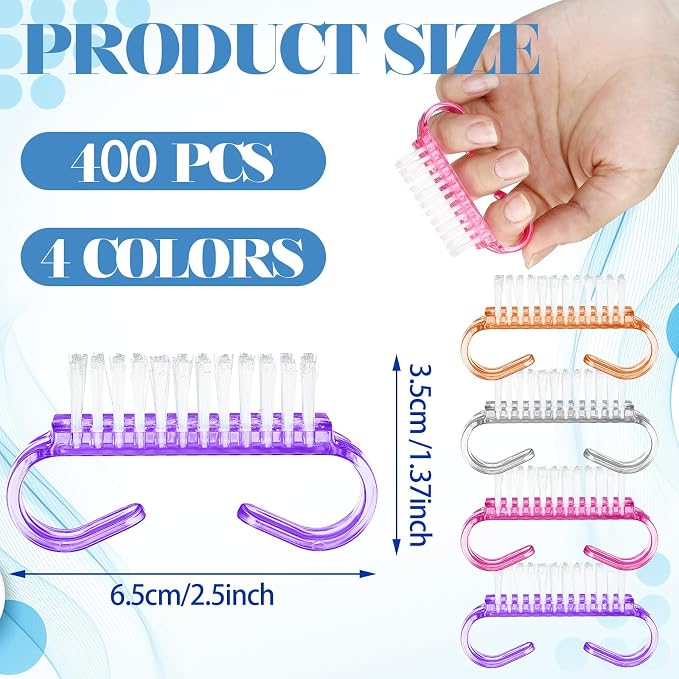 Bokon 400 Pcs Handle Grip Nail Brush Bulk Hand Fingernail Scrub Cleaning Brushes for Toes and Nails Cleaner, Pedicure Scrubbing Tool Kit for Men and Women(Colorful)
