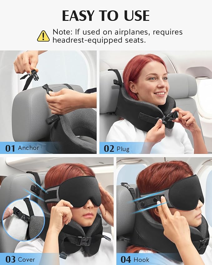 YFONG Travel Pillow for Long Flight Airplane, Head Strap Combo with 3D Contoured Sleep Eye Mask, Neck Pillow for Travel Essential, 360° Support Memory Foam Headrest, Prevent Bobbing, Drawstrap - Black