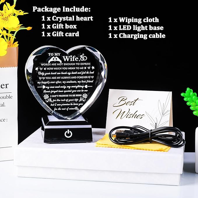Arikyrist Romantic Wife Gifts from Husband with Colorful LED Base Anniversary Birthday Gift for Wife Crystal Keepsake I Love You Gifts for Her on Mothers Day Valentine Christmas