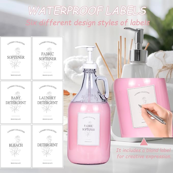 2 Pcs Glass Liquid Laundry Detergent Dispenser, Half Gallon Dispenser for Laundry Room (64 oz. Each), Laundry Detergent Bottles with Pump Dispenser -Includes Labels, Measuring Cups,Wooden Stand