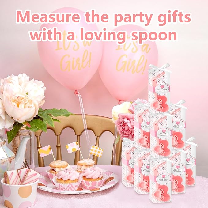 50 Set Heart Measuring Spoons: Wedding Bridal Shower Bulk Party Favors | Plastic heart measuring spoons with boxes and cards. Practical souvenirs for wedding guests and bridal shower.