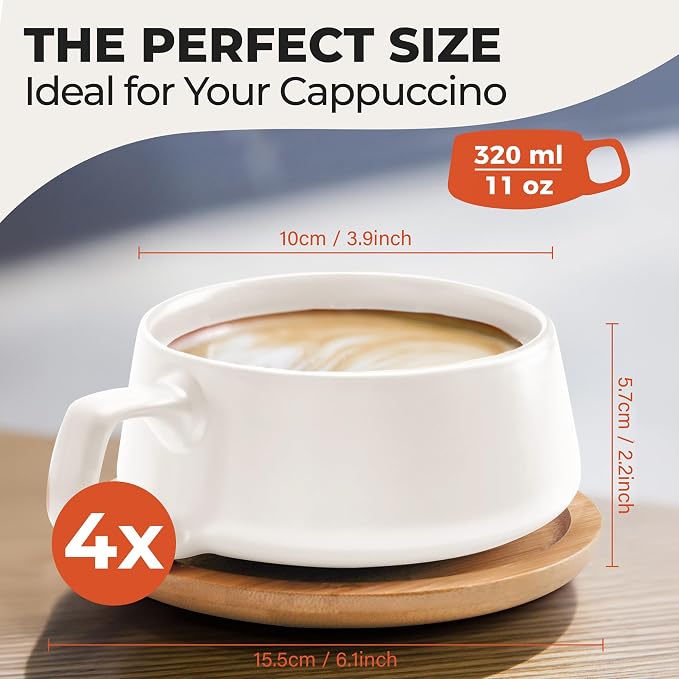 MIAMIO - Cappuccino Cup Set of 4, Ceramic, Wide (9.5oz) - Luxe (White) | Ceramic cappuccino cups and saucers, wide latte cups and mugs for Americano, 4-piece set of ceramic cups, dishwasher safe