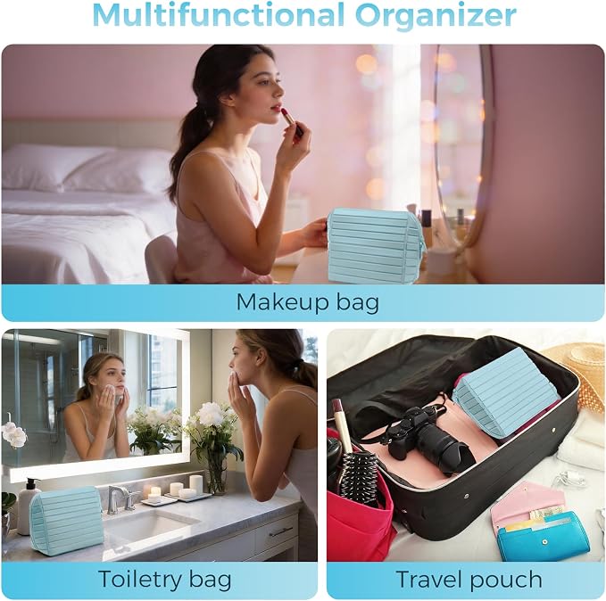 Travel Makeup Organizer Bag with Fold-Down Design and Adjustable Dividers, 27 Pockets & 3 Brush Storage Holders, Large Capacity Cosmetic Bags Toiletry Case - Light blue