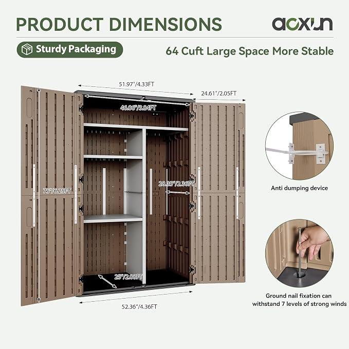 Aoxun 64 Cu.Ft Waterproof Resin Outdoor Shed with Floor & Shelving, Brown | Vertical waterproof storage cabinet with metal shelving kit, stores garden tools & pool equipment outdoors