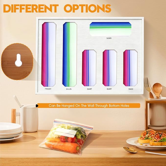 6 in 1 Bamboo Ziploc Bag Storage Organizer, White Baggie Organizer for Drawer with Sliding Lid - Fits Gallon, Quart, Sandwich, Snack & Freezer Bags, Wall Mountable Kitchen Drawer Organization